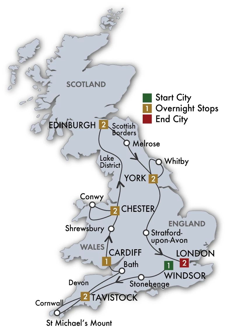 13 Day Highlights Of Britain Itinerary Map